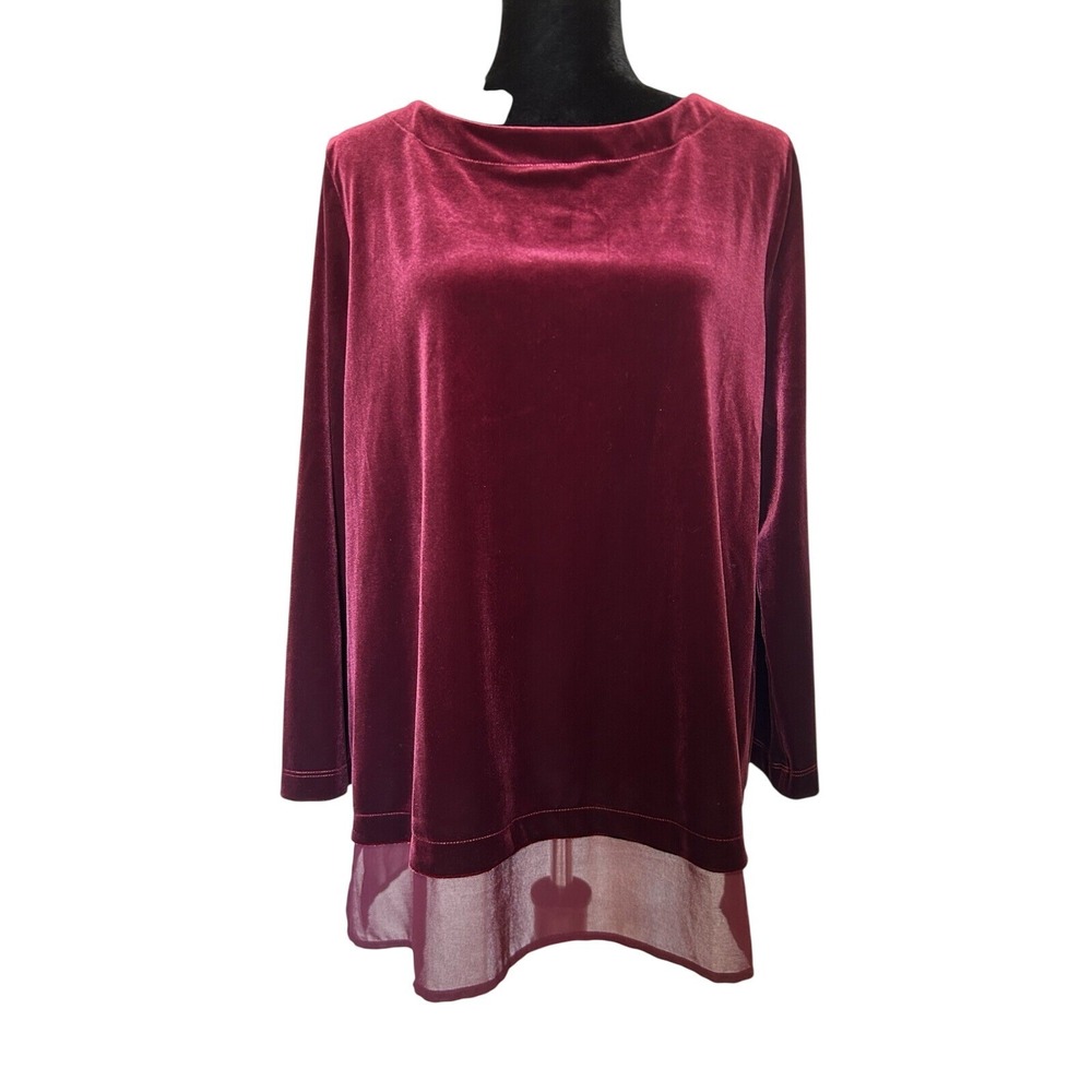 Chico's Burgundy Velvet with Sheer Lace Shirt Blouse Size Large
